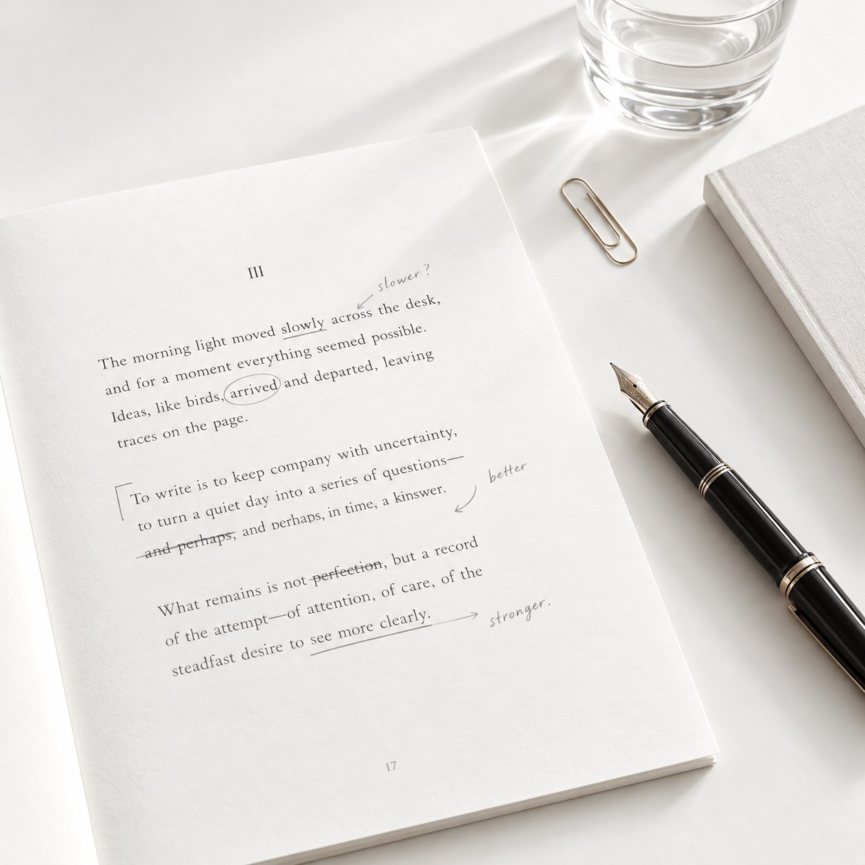 An edited manuscript page with a fountain pen and a glass of water