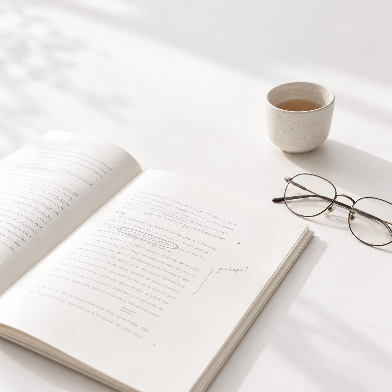 An annotated book, a cup of tea and reading glasses
