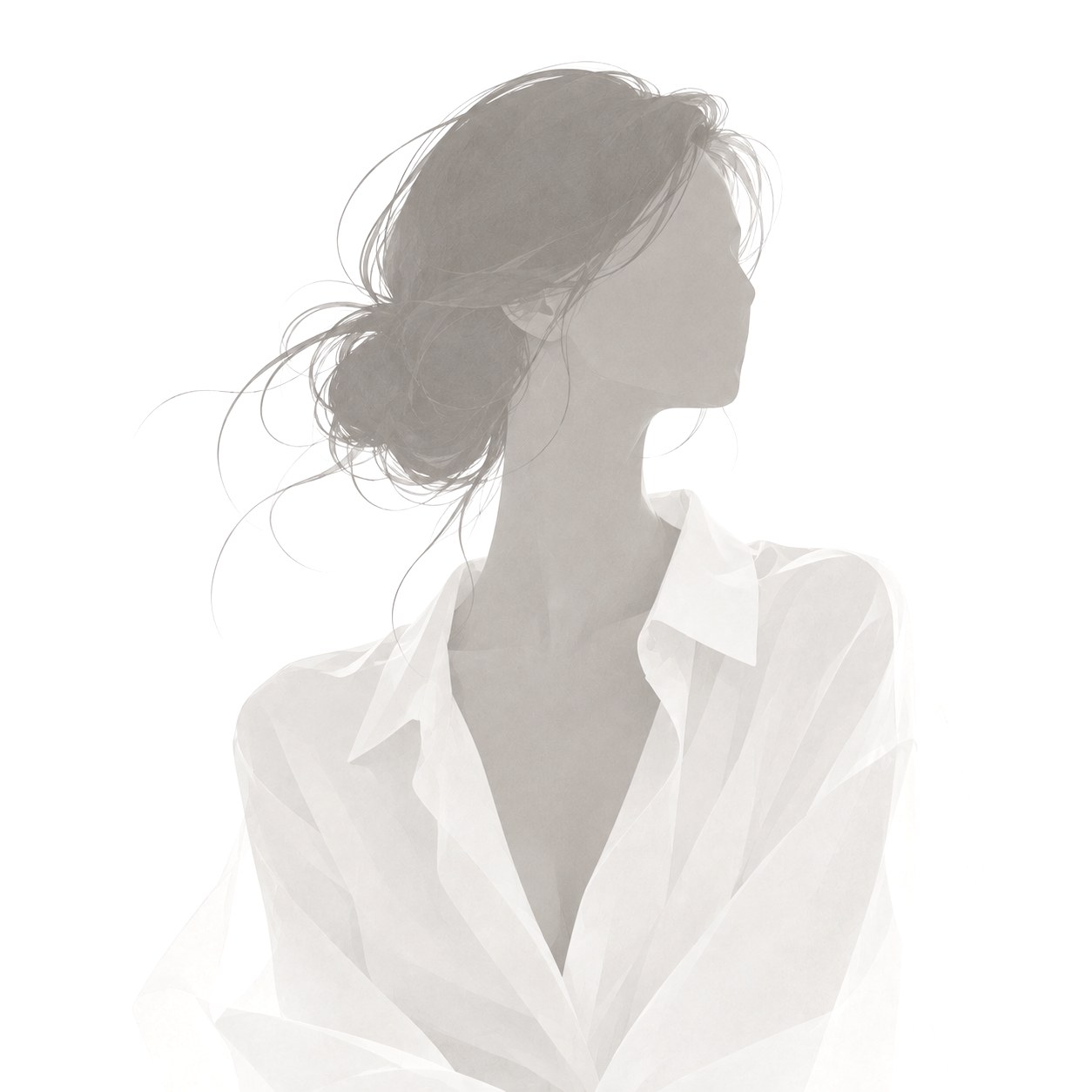 A woman in a white shirt, looking away