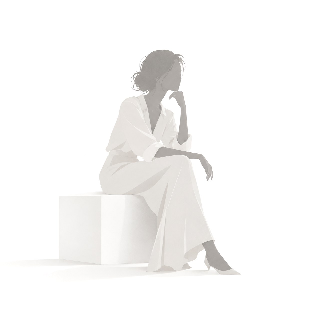 A woman seated on a white block, thinking