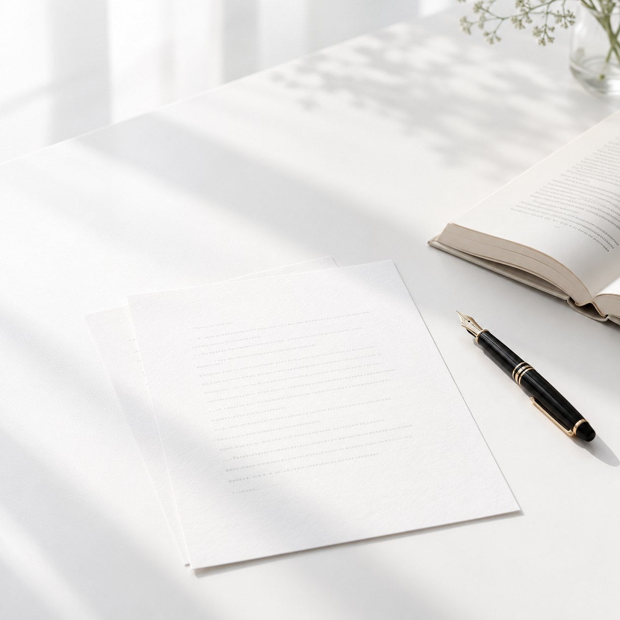 Manuscript pages, a fountain pen and an open book in window light